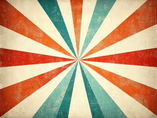Retro sunburst design with layered color transitions in orange, teal, and beige, featuring vintage distressed texture