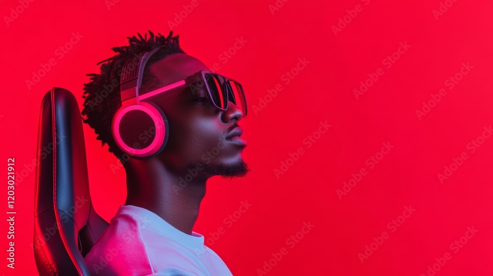 Poster dynamic tech immersion black male gamer in high-tech rgb chair with triple monitor setup - modern ga