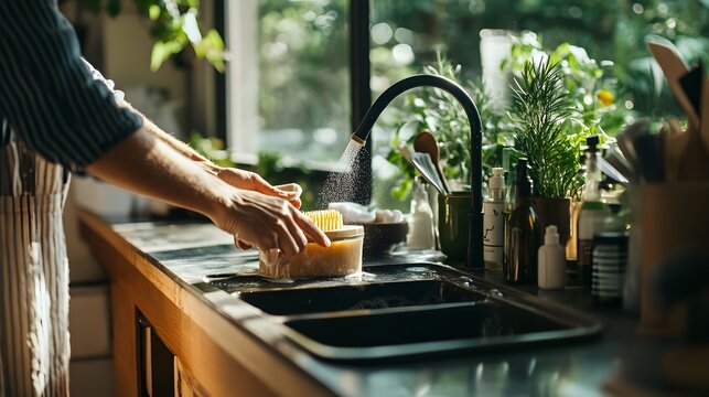 Person washing a bar of soap in a kitchen sink
