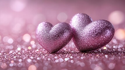 Two glitter hearts on pink glitter, bokeh background, Valentine's Day card