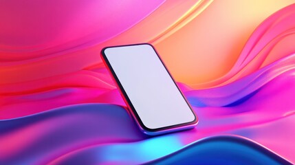 Smartphone mockup, vibrant waves, colorful background, app display