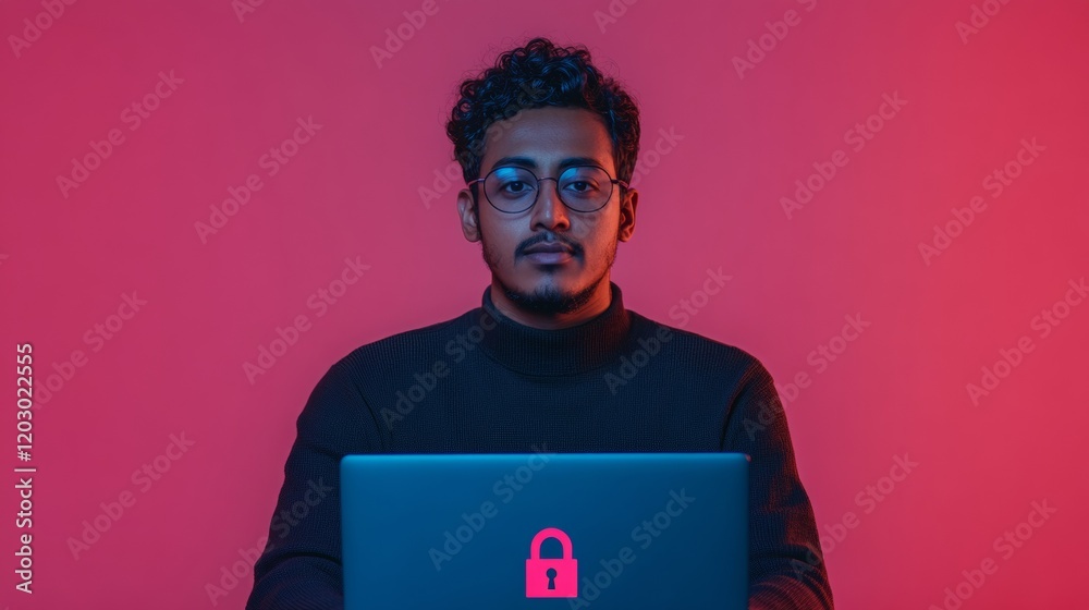 Poster cybersecurity concept young man with laptop, padlock icon displayed - digital protection, secure int