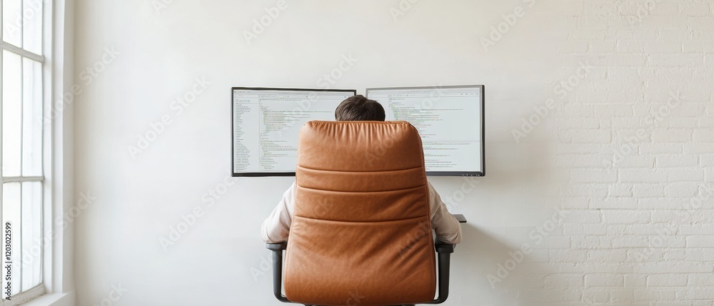 Aufkleber Modern Workspace Aesthetics Indian Software Developer Engaged in Online Coding Bootcamp on Dual Monitors in Bright Coworking Space - Elevating Digital Skills for Tech Industry Growth