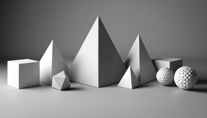 Abstract geometric shapes, pyramids, cubes, cones, sphere, grayscale, still life, 3d, modern