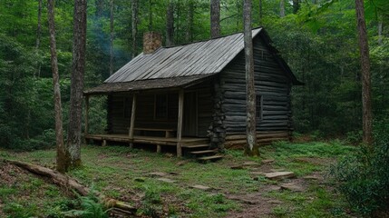 Rustic Log Cabin Nestled Deep Within A Verdant Forest