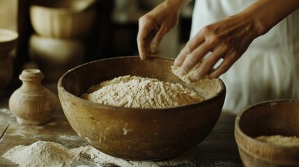 Artisan Baker Preparing Dough: Rustic Wooden Bowl of Flour, Hands Kneading