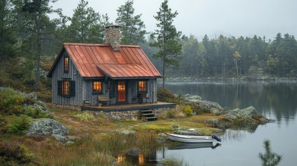 Obraz premium Cozy lake cabin, autumn evening, tranquil forest background; ideal for travel brochures