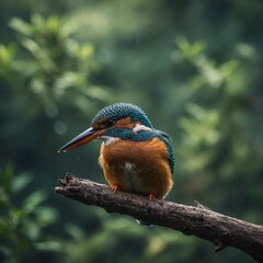 Capture a kingfisher perched on a twig in side pose, using a DSLR, with the blurred forest and water in the background.