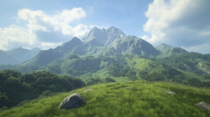Fototapeta premium A mountain range with a lush green field in the foreground
