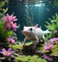 Aquarium water with axolotl and anemone waving gently , fish tank, aquarium, underwater world