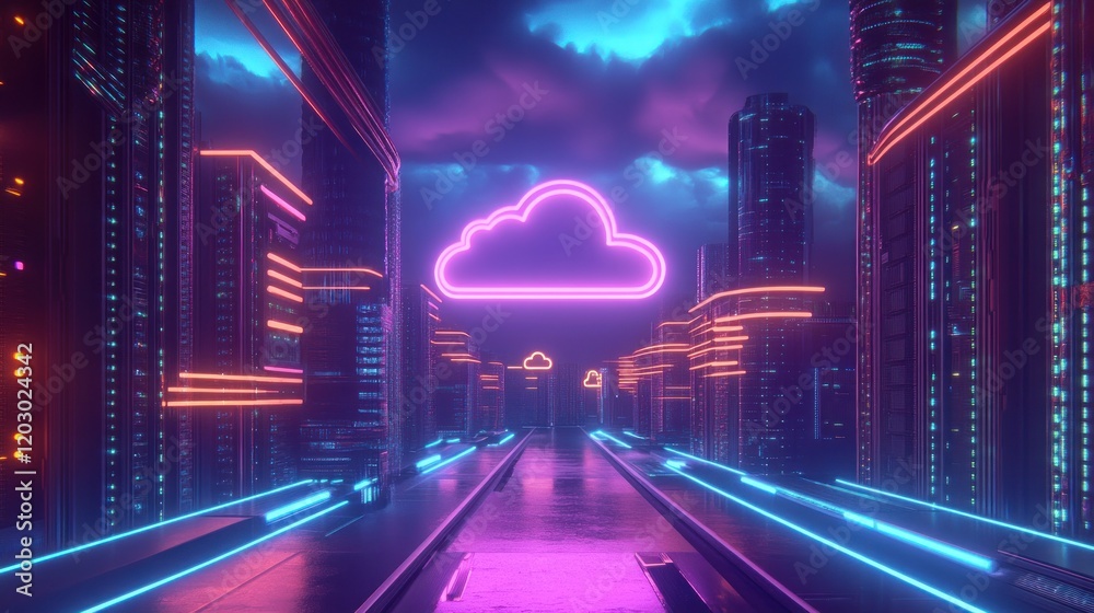 Poster neon cityscape illuminated cloud computing data centers