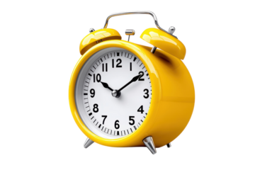Bright yellow alarm clock with black hands indicating morning time in a minimalistic style