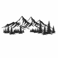 A mountain range with trees and a white background. The trees are black and the mountains are white