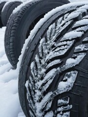 Close-up of winter tires covered in snow and ice on a freezing cold day, cold, traction, icy