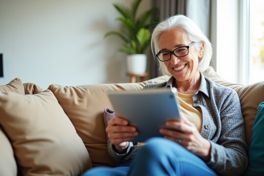 Senior Woman Smiling While Using Digital Tablet at Home, Comfortable Living Room with Natural Light and Indoor Plants