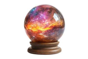 Mystical crystal ball displaying a vibrant cosmic galaxy against a dark background