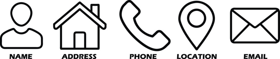 Contact information line art icon set, Person, Home address, Telephone, Location and Email. Business card design symbols. Vector illustration.