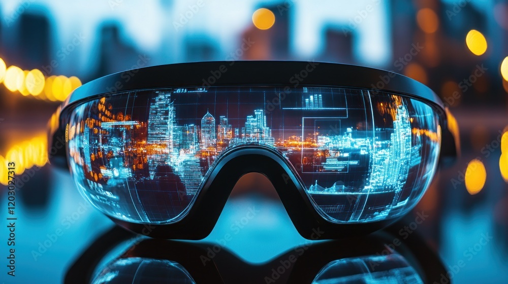 Poster futuristic smart glasses displaying cityscape data