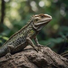Obraz premium Capture a lizard basking on a rock in the forest, side-view, photographed with a DSLR and a soft, blurry background.
