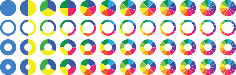 Circle pie chart diagram. 1,2,3,4,5,6,7,8,9,10, sections or steps. Flat process cycle. Progress sectors. Circle diagram collection with sections or parts. Colorful pie chart. Vector 