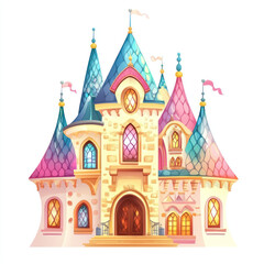 Fototapeta premium Illustration - Whimsical Fairytale Castle with Colorful Turrets, Flags, and Arched Windows
