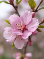 Fototapeta premium Close-up of a beautiful pink cherry plum flower in full bloom during spring season, fresh, botanical