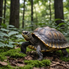 Obraz premium Take an image of a side-view turtle walking on a forest floor, with a DSLR and a blurred leafy backdrop.