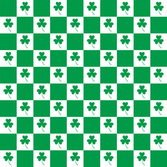Seamless shamrock pattern.Green three clover leaf in square block repeat pattern.St Patrick day icon symbol background.Vector graphic illustration.