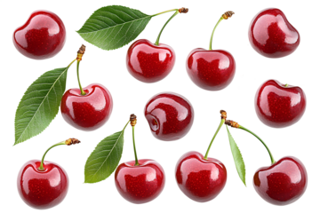 Cherries in flight isolated on transparent background