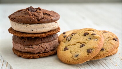 Fototapeta premium Chocolate ice cream sandwiched between two soft and chewy cookies, frosty, cookies, treat, soft