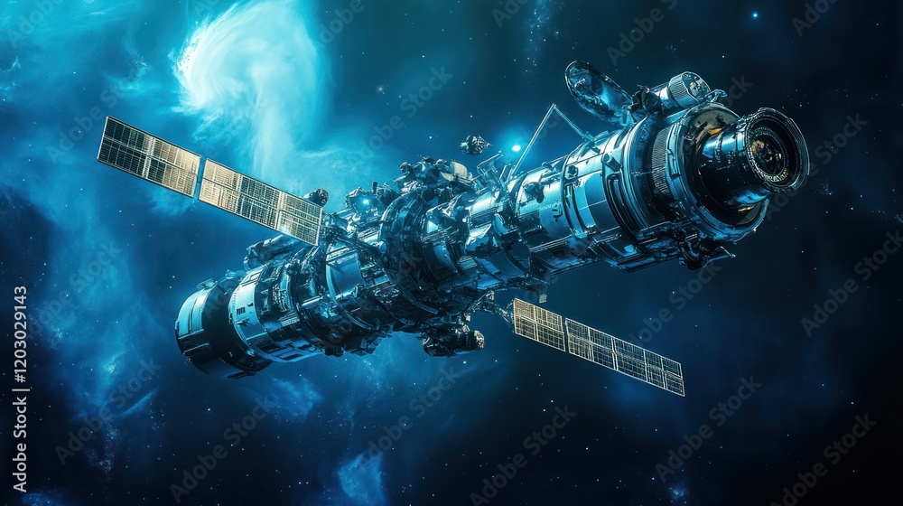 Aufkleber a futuristic space station orbits a nebula in deep space