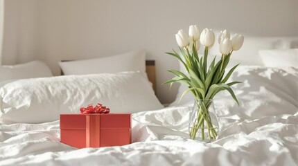 Chic white tulips centerpiece with striking red gift box on fresh white bedspread, luxury residence, giveaway, springtime, stylish decor, soft furnishings