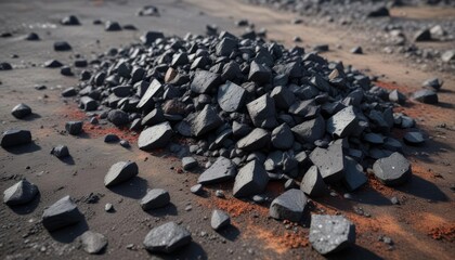 Charcoal coal fragments scattered on the ground, blackened debris, charcoal shards, ash-covered embers