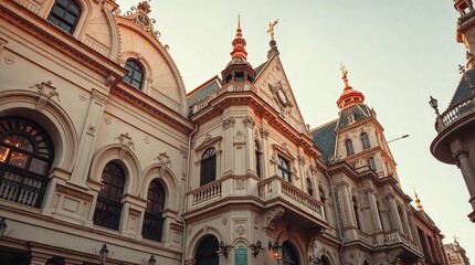Fototapeta premium Precise architectural color photograph featuring warm golden glow, radiant and luxurious appearance, adorable and charming features, sharp lines, detailed structures, and wide angles, with chromatic n