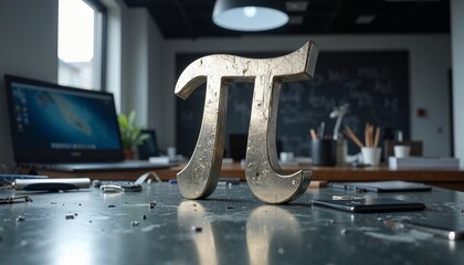 3D Metal Pi Symbol on Reflective Table with Math Tools in an Office Setting for International Pi Day"