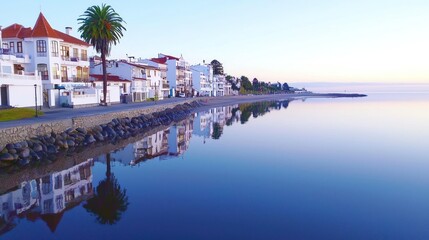 Obraz premium Peaceful Coastal Town at Sunrise