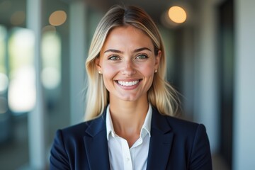 Fototapeta premium Professional Confident Smiling Businesswoman Standing in Modern Office Environment with Natural Light and Warm Ambience