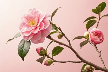 Fototapeta premium Camellia bloom in full bloom on a branch against a soft pink background, blooming camellia, garden blooms, spring flowers, blossom