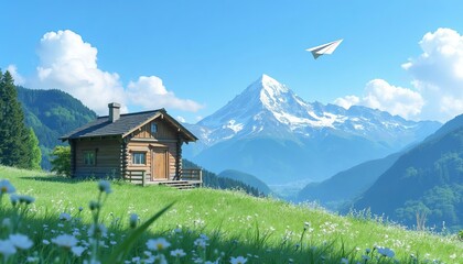 Fototapeta premium Wooden cabin with a paper airplane in mountain landscape
