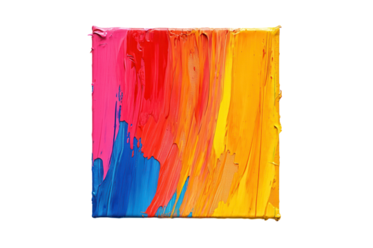 Vibrant abstract artwork features bold colors blending in dynamic brush strokes under bright lighting