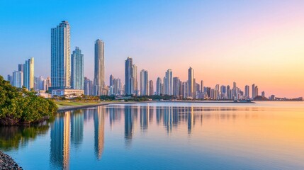 Obraz premium Coastal City Skyline at Sunrise