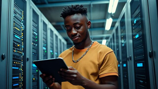 close up of hands holding tablet in data center with rack and server cabinet, technology concept for network system management ,copy space, High quality photo stock photography,