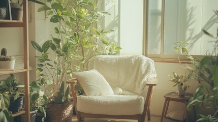 Sunlit Room With Plants And Comfortable Chair