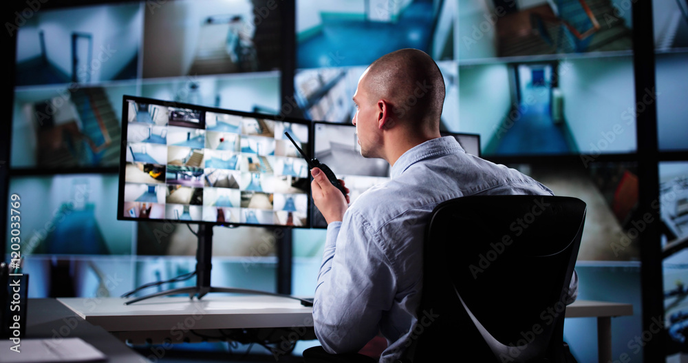 Poster security system cctv monitor room. man using walkie talkie