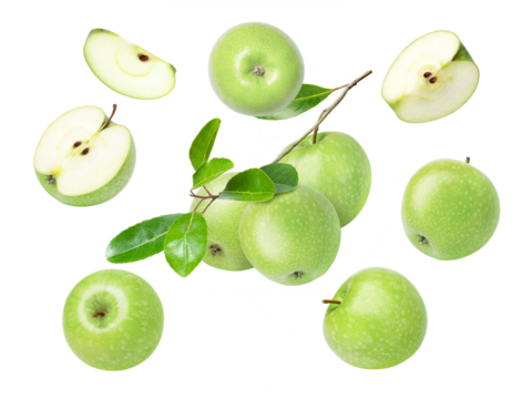 Green apple with green leaf and half slice flying in the air isolated on white background.	