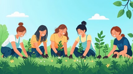 A group of diverse people planting trees together in honor of World Environment Day, promoting sustainability and environmental care, with a sunny and hopeful atmosphere.