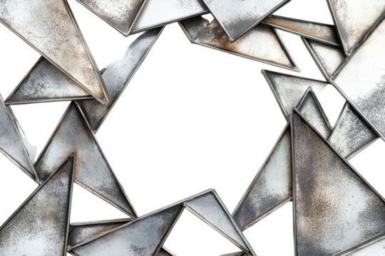 Unique arrangement of metallic triangular shapes creating an abstract frame design for artistic display