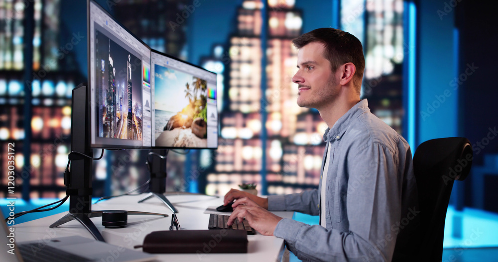 Poster Graphic Designer Working On Computer Editing