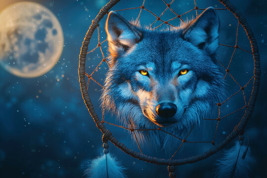 Majestic wolf behind dreamcatcher with glowing yellow eyes in a mystical blue night setting under a full moon, conveying themes of nature and spirituality