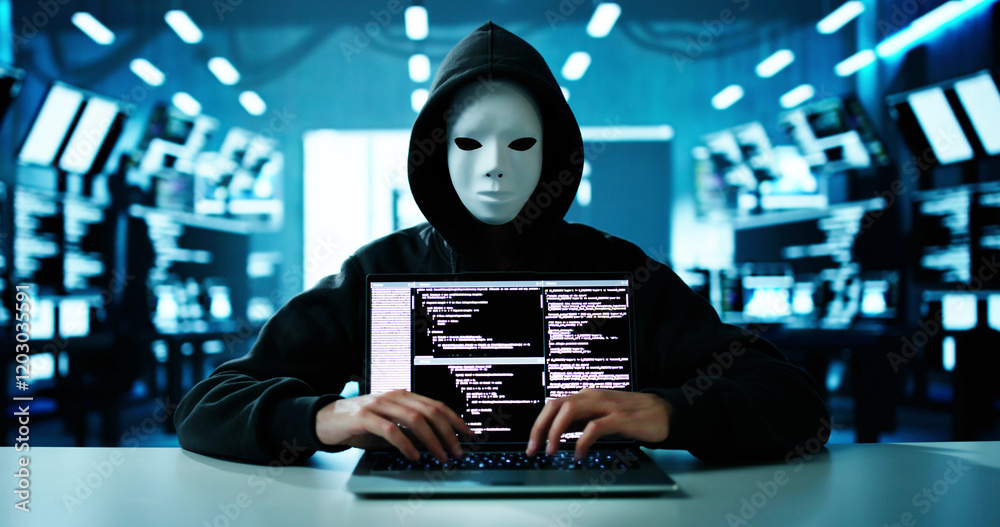Aufkleber cyber security risk. thief man hacking